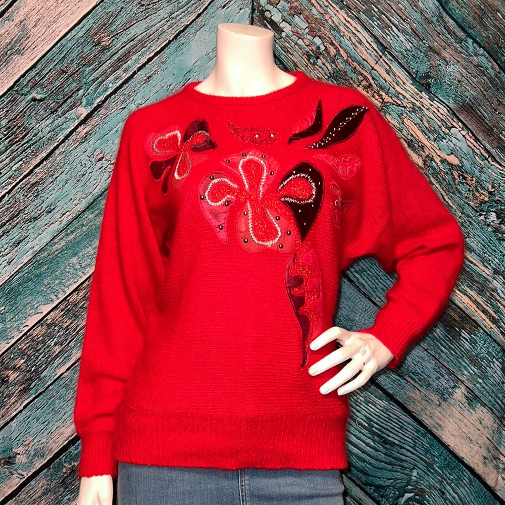 VINTAGE 80”s Kathy Che Mixed Media Embellished Dolman Sleeve Style Sweater, S/M